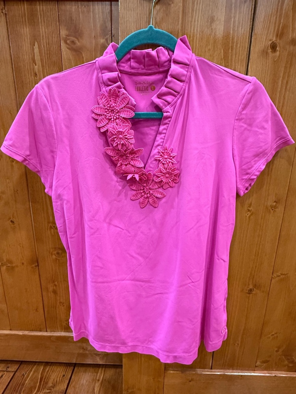 Women's Pink Floral Trim Short-Sleeve Top